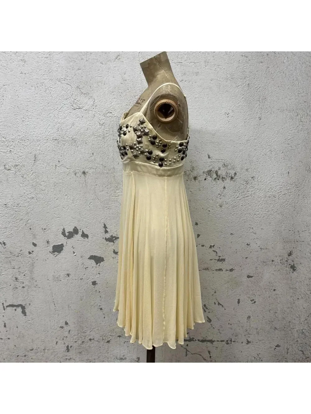 Vintage Marciano Studded Silk Chiffon Babydoll Mini Dress Cream - Picture 5 of 8